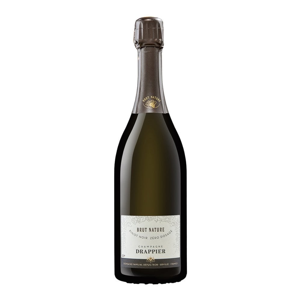 Drappier Brut Nature Zero Dosage bottle, highlighting its sleek design and label, symbolizing its 100% Pinot Noir composition and minimal sulfur use in this kosher wine.