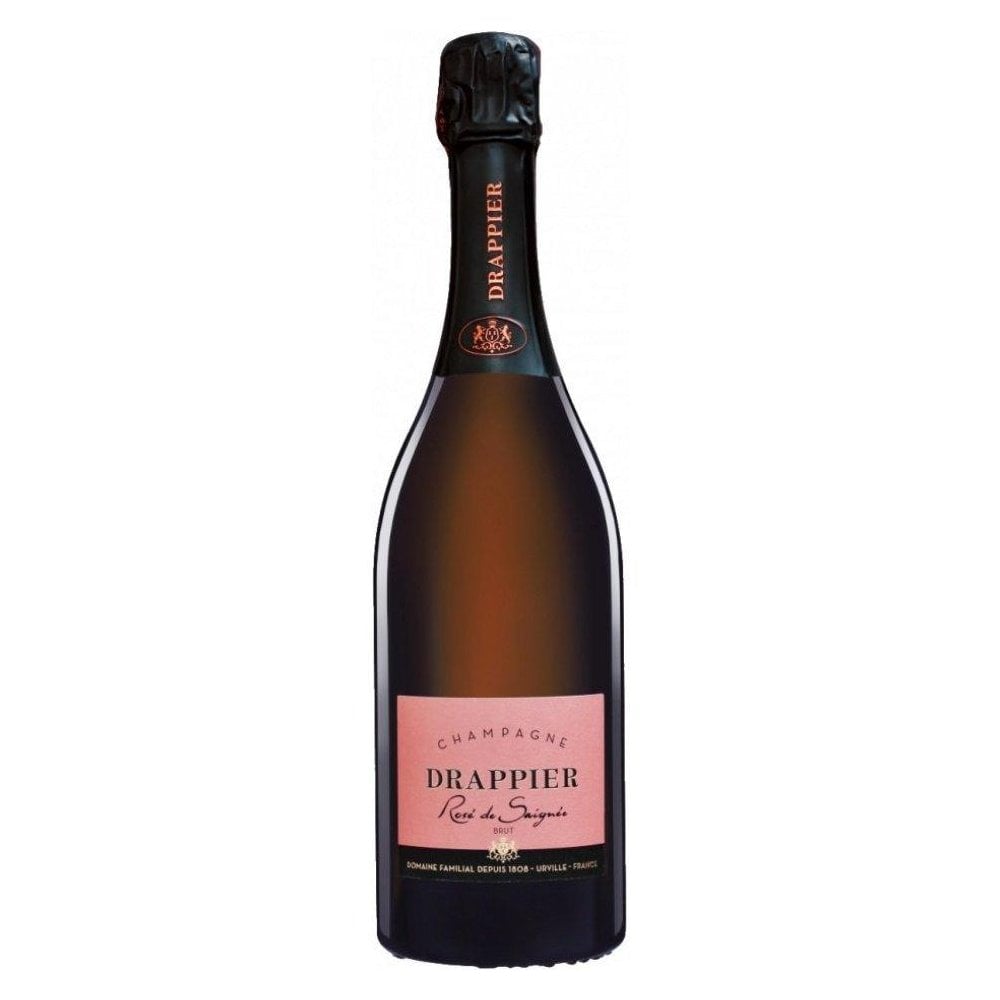 Pink bottle of Drappier Rose Brut Champagne, a vibrant kosher champagne. The elegant design reflecting its crisp, vibrant taste with aromas of citrus and roasted nuts.