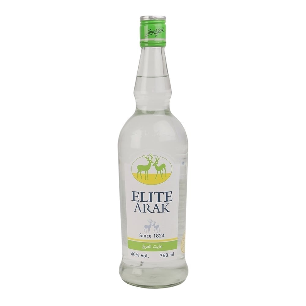 Bottle of Elite Arak, a clear Israeli aniseed-flavored kosher spirit, often served with ice or diluted with water.