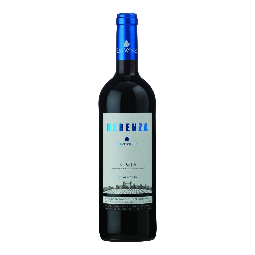 Image contains a bottle of Elvi Herenza Rioja - a kosher red wine with deep cherry color and refined notes of oak, liquorice, and ripe fruit.